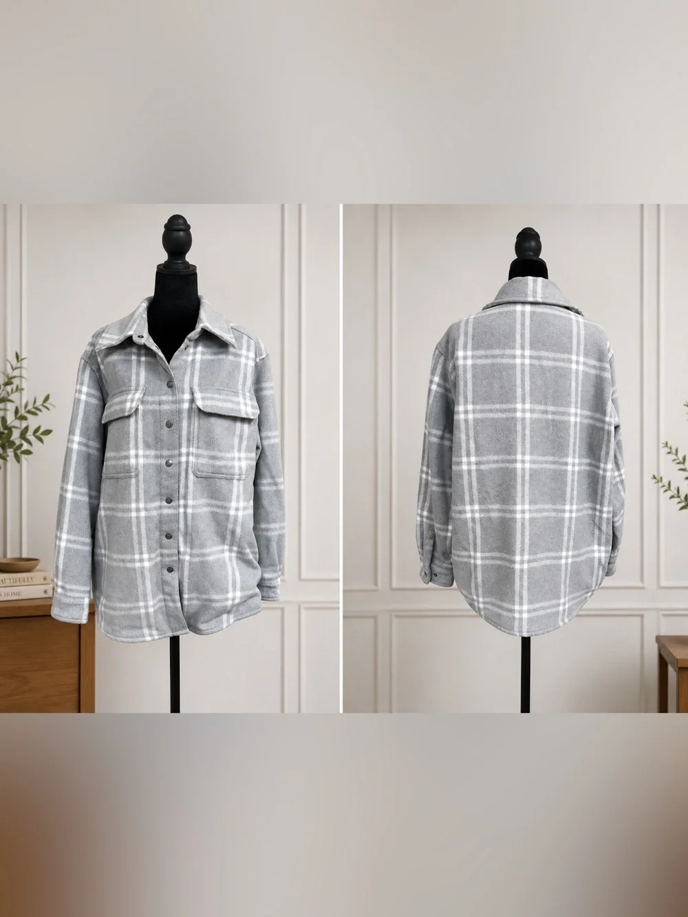 Plaid Button-Front Utility Jacket in Grey